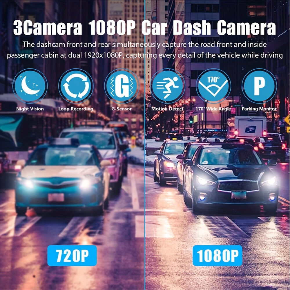 Safe Driving 3 Channel Camera Cycle Video Recorder